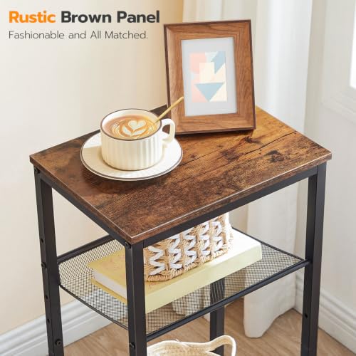 HOOBRO Side Table, 3-Tier Tall End Telephone Table with Adjustable Mesh Shelves, Small Entry Table for Living Room Bedroom Hallway or Office, Rustic Brown and Black BF01DH01G1 - color: Rustic Brown + Black