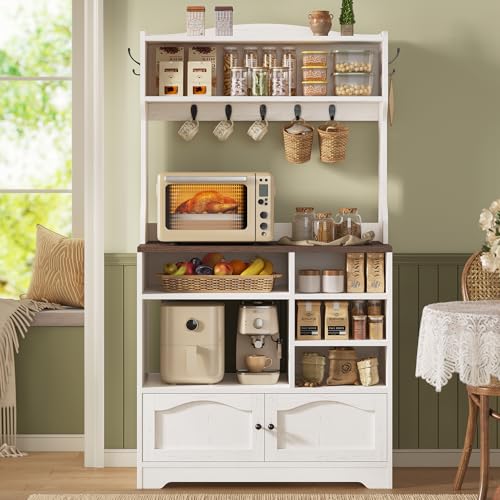 Bakers Rack with Storage and Power Outlet, 31.5 inch Farmhouse Coffee Bar Cabinet, Microwave Stand with Storage Cabinet, 7 Hooks and Curved Design for Kitchen, Coffee Bar, Walnut, White - size: 31.5 in Countertop