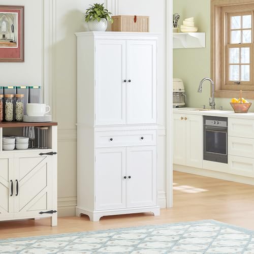 Spirich 71-Inch Tall Kitchen Pantry Cabinet with 2 Slide-Out Racks, White | Large Center Drawer, 6 Built-In Door Shelves, Stemware Rack, 1 Adjustable Shelf, Water-Based Finish, FSC-Certified Wood