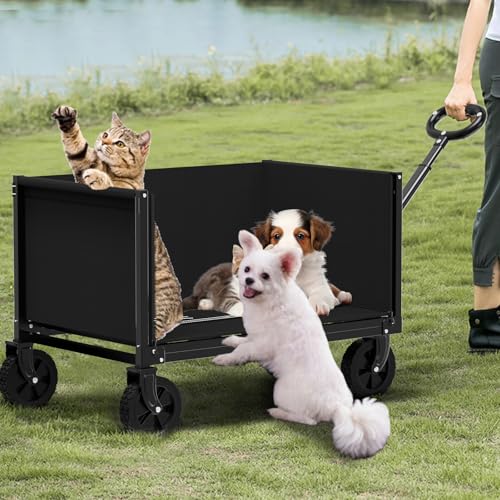 3 in 1 Wagons Carts Foldable with 360LBS Capacity, 120L Heavy Duty Collapsible Wagon, Utility Wagon Cart with Wheels for Grocery, Camping, Shopping, Beach, Garden Black