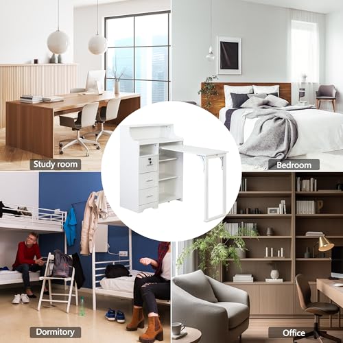 Folding Desk with Storage,Hidden Desk with Lockable Drawers & Shelves, Built-in Power Outlet,Fold Out Desk for Study and Home Office - color: White