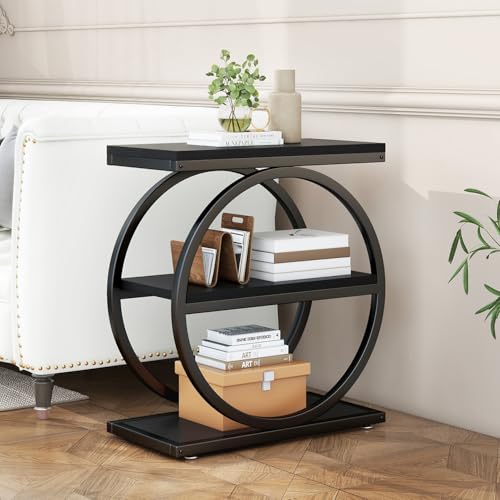 IBUYKE Narrow End Table with 3 Storage Shelves, Industrial Sofa Side Table, Double Round Metal Frames, Slim Nightstand and Bedside Table for Bedroom, Living Room, Black UTMJ418B - color: Black