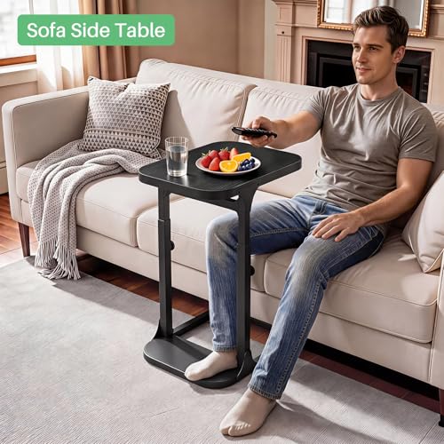 Kitstorack Height Adjustable End Table, Small Side Table for Couch, Sofa Table with Metal Frame for Living Room, Bedroom, Bedside C Shaped Table,Black - color: Black