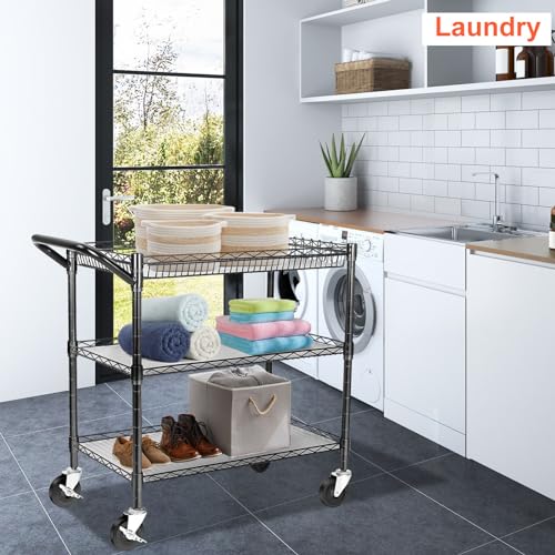 BolDuck Heavy Duty Utility Cart, 990Lbs Capacity 3 Tier Rolling Carts with Wheels, Kitchen Cart on Wheels with Storage, Commercial Grade Metal Serving Carts with Wire Shelving &Handle Bar, Black - color: Black