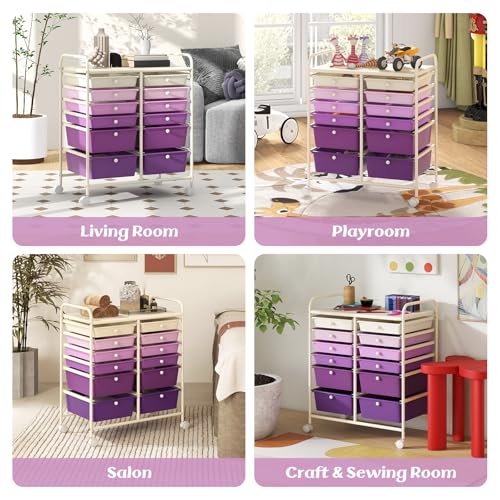 DREAMADE Rolling Cart with Storage Drawers, Utility Cart w/Removable Plastic Drawers, Lockable Wheels, Art Cart for Classroom Organization Art Supplies Office Scrapbook (12 Drawers, Purple Gradient) - color: Gradient Purple, style: 12 Drawers