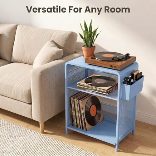 ECOLOVI 3 Tier Printer Stand for Under Desk, Height Adjustable Shelf Small Printer Table with 3 S-Hooks & Basket, Heavy Duty Industrial Storage Shelf for Home Office (Blue Metal) - color: Blue