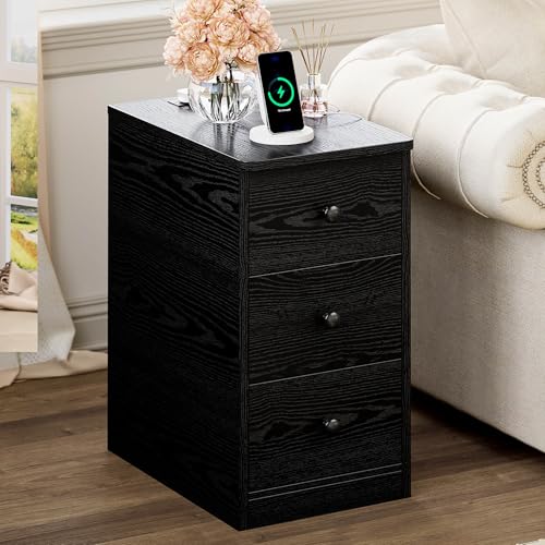 LIKIMIO Nightstand with Charging Station, 3 Drawers Modern for Bedroom - color: Black