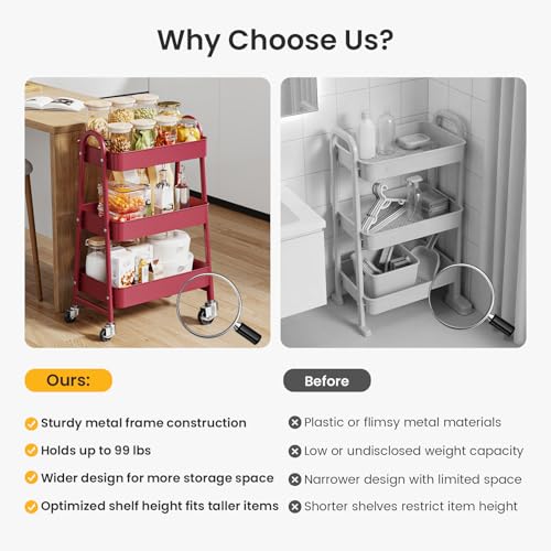 DUMOS 3 Tiers Metal Rolling Utility Cart with Lockable Wheels, Mobile Storage Organizer, Utility Shelving Unit for Kitchen, Office, Bathroom, Laundry, Narrow Places, Red - color: 3 Tiers Red