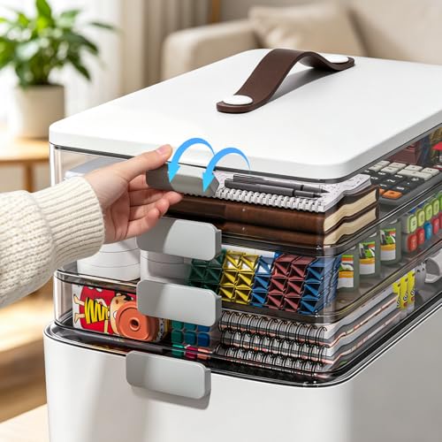 MOPUP 4-Tier Medicine Craft,Sewing,Art,Organizer Storage,Portable Latch Bin with Lid and Leather Handle,Pill Bottle, First Aid,Multipurpose Organizer with Removable Tray,A Household Essential - size: XL– 4-Tier
