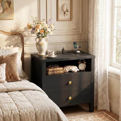 Aheaplus Nightstand with Charging Station, 23.6'' Large Bed Side Table with Wooden 2 Drawers, Night Stand for Bedroom, End Table with Open Storage Shelf for Living Room, Set of 2, Black - color: Black