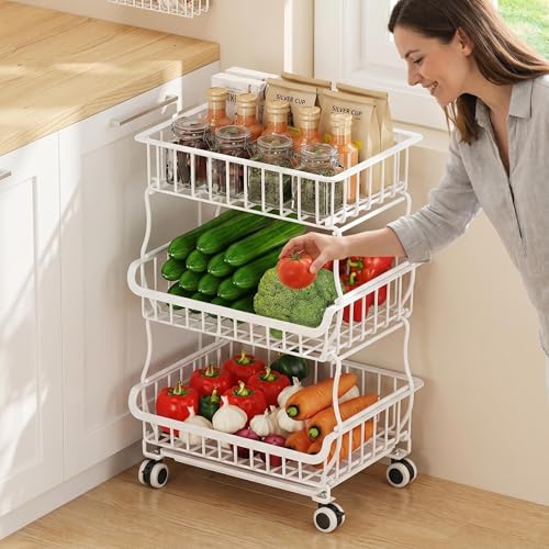 3-Tier Rolling Pantry Floor Organizer and Storage Cart with Lockable Wheels, Heavy-Duty Stackable Wire Baskets, Multi-Purpose Kitchen Storage Rack for Fruits, Snacks, Onions, Potatoes & Pantry Shelves