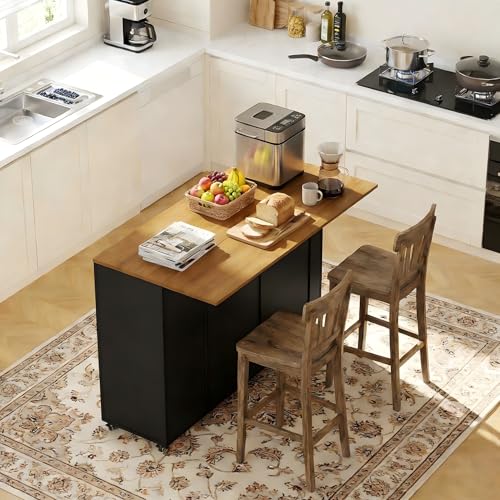 59" Rolling Kitchen Island Cart with Storage, Drop Leaf, Black | Mobile Prep Table with 2 Cabinets, Drawer & Trash Bin, All-in-one Counter Space Saver for Small Kitchens