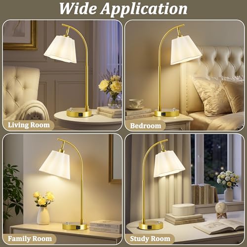 Gold Table Lamp Set of 2, Bedside Table Lamp with USB C+A Ports, Stepless Dimmable Nightstand Lamp, Small Cute Bedroom Lamps, Flower Lamp for Bedroom, Living Room, Home Office(Bulbs Included, Gold) - color: white shade & gold base