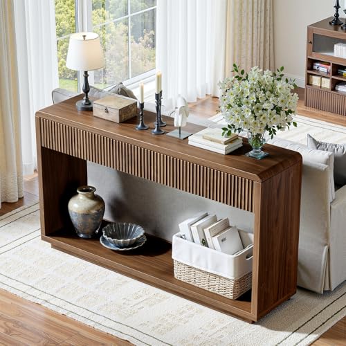 Evermagin 59'' Walnut Entryway Table with Drawers, Fluted Console Table, Mid Century Modern Sofa Table with Storage for Living Room, Entrance, Hallway - color: Walnut