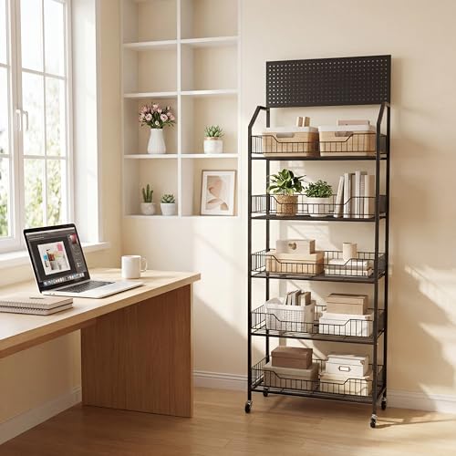 5 Tier Supermaket Snack Rack Display Stand, Retail Display Shelves with Hooks & Wheels, Metal Snack Shelf for Store Home Kitchen, Black Chip Rack Display Stand (5 Tier(60cm)) - size: 5 Tier(23.6inch)