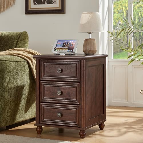 RWYHG 18" Night Stand with Charger Station, Nightstand with 3 Drawers | Farmhouse Modern Bedside Table, Metal Handle, Roman Column Legs, Walnut Bed Side End Tables for Bedroom Living Room - color: Walnut, size: 18"D x 18"W x 24"H (3 Drawers)