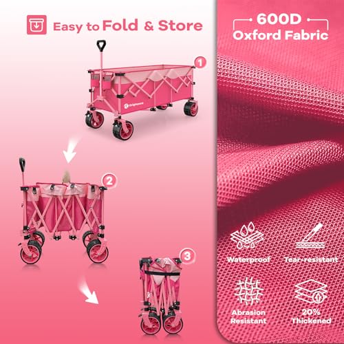 Originsure 300L Collapsible Beach Wagon Cart with Big Wheels, 560lbs, Pink | 48" Foldable Utility Wagon,7" All-Terrain Wheels,Heavy Duty Frame,Compact&Space-Saving,for Camping,Sports,Grocery,Garden - color: Pink