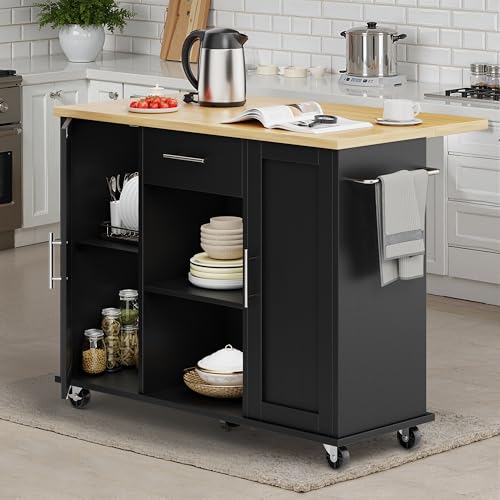 SUNLEI Rolling Kitchen Island Cart with Wheels, Island Table for Kitchen, Farmhouse Kitchen Cart with Drop Leaf & Towel Rack & Drawer, Kitchen Island with Storage Cabinet, Black - style: Black