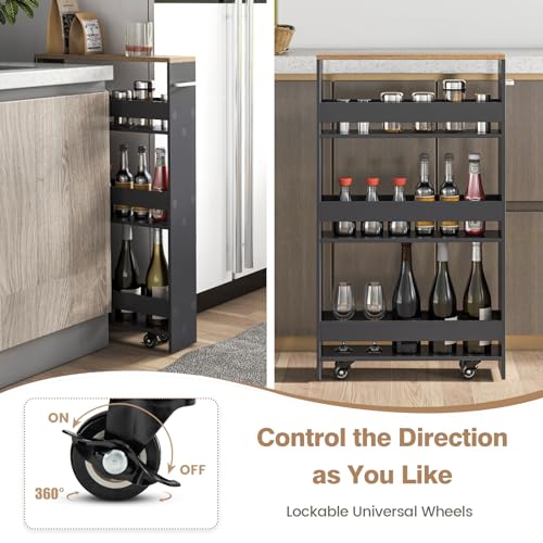 LOKO Slim Storage Cart, 4-Tier Rolling Cart with Handle & Wooden Top for Kitchen Bathroom Laundry Living Room Narrow Small Spaces, 5 Inches Width (Grey & Natural) - color: Grey & Natural