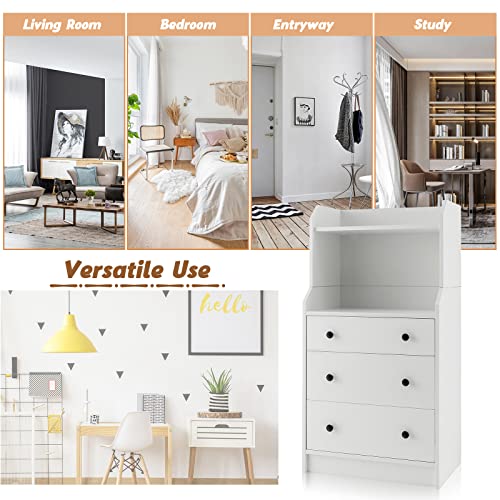 Moccha 3 Drawers Dresser with Shelf, Modern Dresser Tower with 2 Open Shelves, Chest of Drawers with Anti-toppling Device, Tall Storage Dresser Nightstand for Closet, Living Room, White - color: White