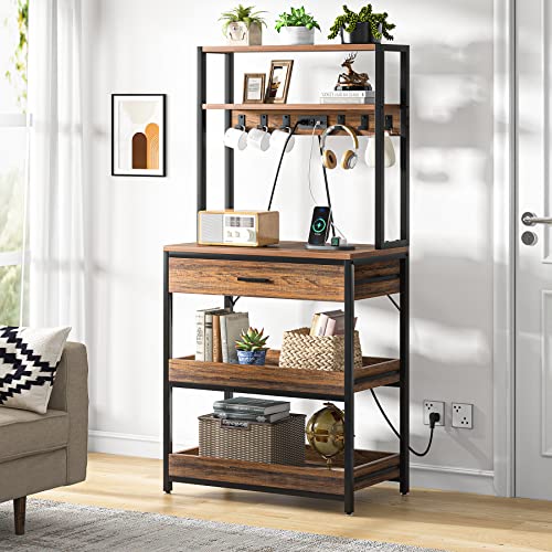 LITTLE TREE Kitchen Baker’s Rack with Power Outlets, Freestanding 5-Tier Microwave Stand with Drawers & Sliding Shelves, Coffee Bar with 6 Hooks for Dining Room Living Room, Rustic Brown - color: Rustic Brown