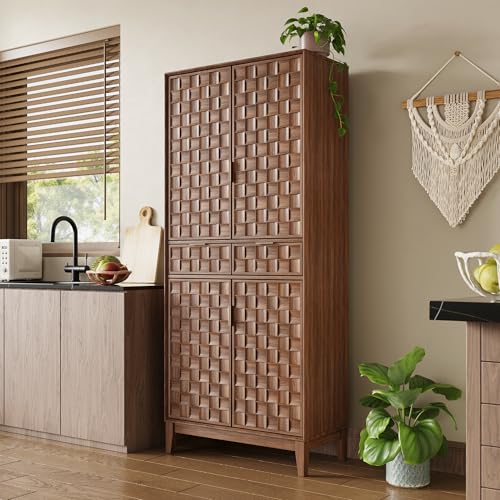 Pantry Cabinet, 71" Tall Pantry Cabinet,Modern Kitchen Cabinet with Doors, Drawers & Adjustable Shelves, Freestanding Food Pantry Cupboard with Side Rack for Kitchen Dining Room,Walnut - color: Walnut-new