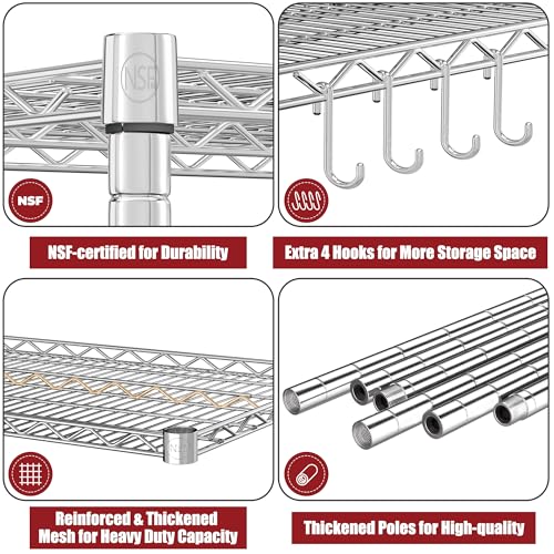 PrimeZone 5 Tier 48" Wx24''Dx81''H Wire Shelving with Wheels 3000lbs NSF Certified Storage Shelves Heavy Duty Metal Shelf Adjustable Rolling Rack Commercial Garage Restaurant Warehouse Kitchen Chrome - size: 48" W x 24" D x 81" H