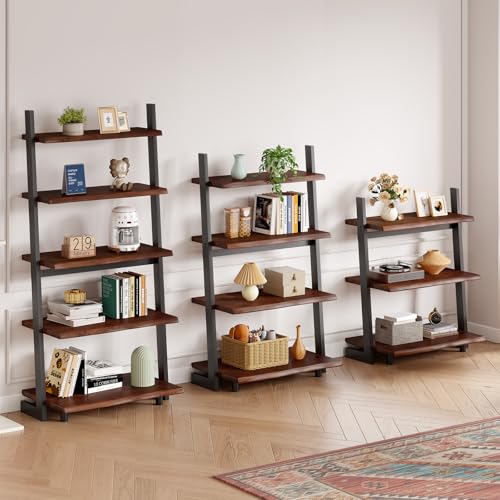 IBF 5-Tier Solid Wood Ladder Bookshelf with Natural Live Edge | Rustic Walnut Storage & Display Leaning Bookcase, Modern Space-Saving Shelf for Living Room, Bedroom, Home Office - size: 5 Tier