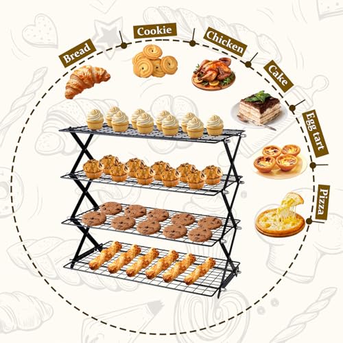 4 Tier Collapsible Cooling Rack, Adjustable Stackable Stainless Steel Baking Rack with Leak-Proof Mesh & X-Shaped Structure, Dishwasher Safe for Cookies, Bread, Pastries