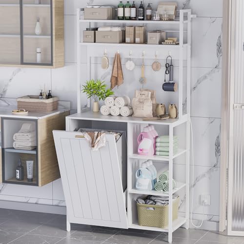 Kitchen Bakers Rack with Storage Shelf - 6-Tier Microwave Stand Oven Cabinet W/Tilting Trash Can Bin and Power Outlet, Farmhouse Thickened Coffee Bar Table Station W/6 Hooks&Adjustable feet - color: White