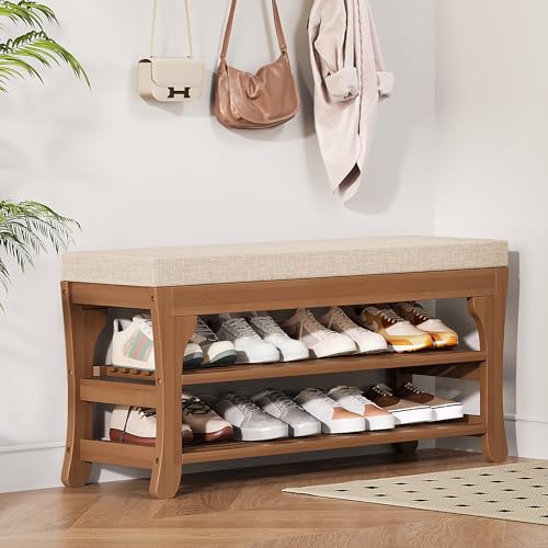 PETKABOO 39.4" Shoe Storage Bench with Cushion, Bamboo Shoe Rack Bench, 2-Tier Entryway Shoe Organizer, Supports up to 380 LB, for Hallway, Bedroom, Closet, Living Room - size: 39.4"
