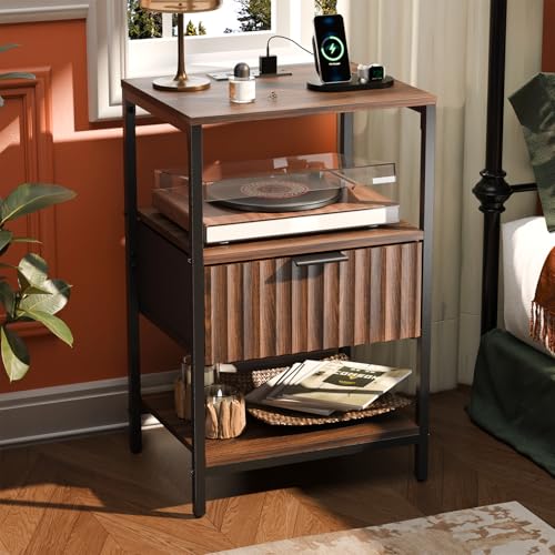 VINGLI Nightstands Set of 2 with Fabric Drawer, Walnut Nightstand with Charging Station, Fluted Night Stands, Bedside Tables/End Tables with Charger Station, Side Table Bedroom,Small Night Stand,2 pcs - color: Walnut, size: 15"W-1 Drawer 2 Shelf
