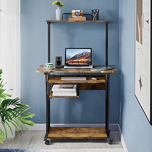 Topeakmart 2-Tier Rolling Desk with Printer Shelf & Keyboard Tray, Rustic Brown - color: Rustic Brown