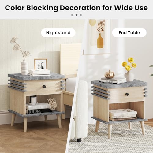 Giantex Modern Nightstand, 3-Tier Bedside Table with Drawer, Open Shelf & Rubber Wood Legs, Color Blocking Sofa Side End Table, Faux Marble Night Stand for Bedroom, Grey & Natural