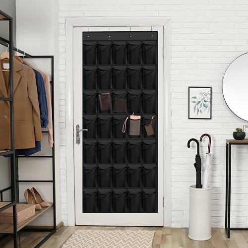 WVM Over the Door Shoe Organizer with 35 Breathable Mesh Pockets, Hanging Shoe Organizer for Door with 4 Metal Hooks, Large Capacity Closet Storage for Shoes, Accessories - style: Black