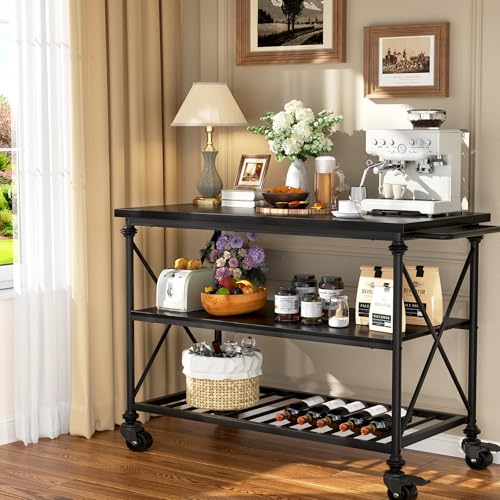 Homieasy Kitchen Island Cart with Wheels, 3-Tier Wood and Metal Rolling Kitchen Island Table with Pipe Legs, Storage Shelves & Lockable Casters for Kitchen Dining Room, Black - color: Black