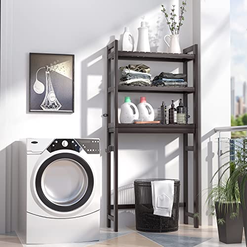 Homykic Over The Toilet Storage, Bamboo 3-Tier Over-The-Toilet Space Saver Organizer Rack, Stable Freestanding Above Toilet Stand with 3 Hooks for Bathroom, Restroom, Laundry, Espresso - color: Espresso