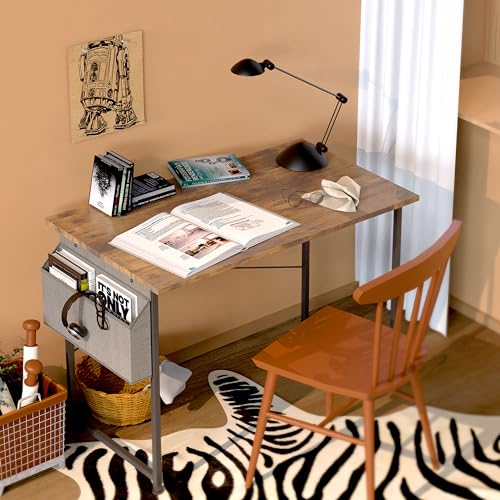 Small Space Writing Desk with Headphone Hooks, Modern Simple Design, Suitable for Study, Home Office and Living Room - color: Brown, size: 40 Inch