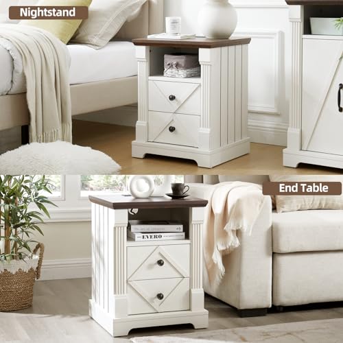 Minifeel Farmhouse Night Stand with Charging Station, 18" Wide 2 Drawer Bedside Table, Barn Door Nightstand with Open Storage Shelf, Sofa Side End Tables with Roman Column for Bedroom, Antique White - color: Antique White