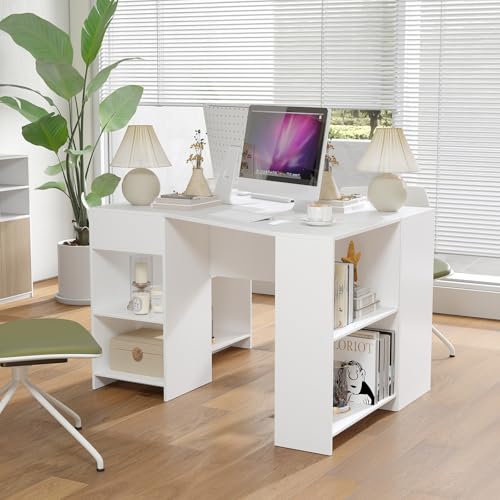 Giantex White Desk with Drawer, 48 Inch Corner Desk with Storage Shelves, Laptop PC Table for Workstation, Vanity Table for Bedroom, Modern Wood Executive Study Writing Table for Small Space