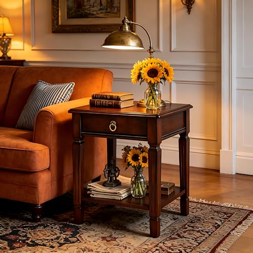 Small End Table with Drawer and Storage Shelf, Traditional Square Sofa Side Table with Straight Carved Legs, 2-Tier Bedside Tables Nightstand in Dark Cherry,17.7" Dx21.9 H - size: 1P