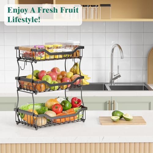 Giwil 3 Tier Countertop Fruit Basket for Kitchen, Vegetable Storage Bread Fruit Bowl Stand with 2 Banana Hooks, Wall Mounted Metal Wire Basket Organizer for Potato Onion, Black - size: 3 Tier Wire Basket Top
