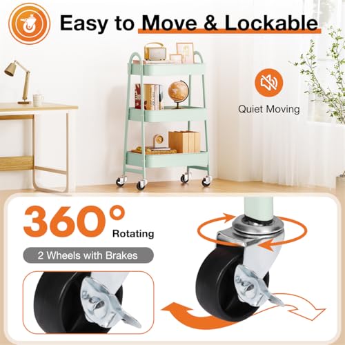 3-Tier Metal Rolling Utility Cart, Small Rolling Cart Kitchen Trolley Bathroom Laundry Room Bar Office Shelves Storage Organizer Shelving Unit with Caster Wheels for Narrow Places, Green - color: Green