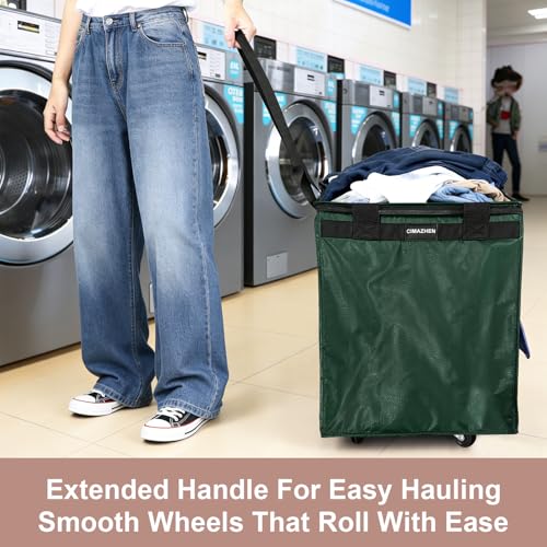 Reusable Grocery Bag Tote Bag with Wheels, Foldable Rolling Tote Bag with 3 Handles and Zipper - color: Green, size: Medium