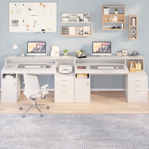 YOMILUVE Computer Desk with 3 Drawer & Storage Shelves, Home Office Desk with File Drawer & Cabinet, Writing Study Table with Long Monitor Stand & Printer Shelf, Executive Desk, White - color: White