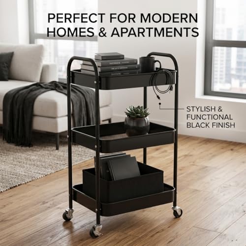 3-Tier Rolling Utility Cart with Ergonomic Handles and Mesh Bottom - Metal Storage Organizer Mobile Shelf Unit on Wheels for Kitchen, Bathroom, Office, Pantry, and Nursery, Black