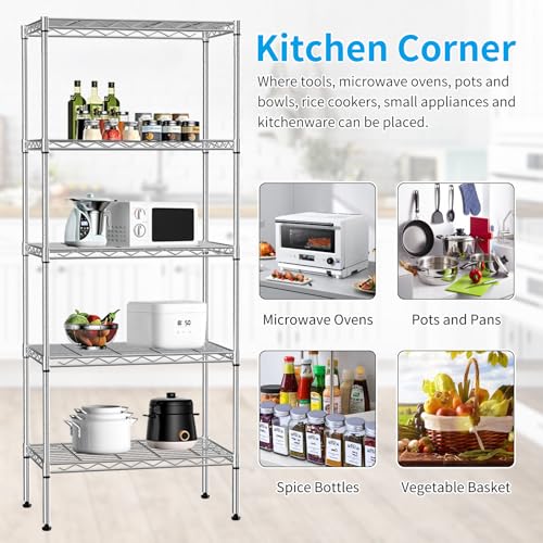 BLKMTY 5 Tier Wire Shelving, Narrow Storage Metal Shelf, Standing Shelf Units, Adjustable Garage Shelving, 750 lbs Capacity, Commercial Shelves, 11.6" D x 21.5" W x 47.6" H, Chrome - color: Chrome, size: 5 Tire: 11.6" D x 21.5" W x 47.6" H