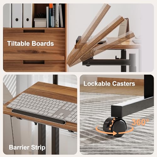 VECELO Mobile Small Standing Desk Adjustable Height, Computer Workstations with Tiltable Tabletop, Lockable Wheels, Portable Rolling Laptop Desk for Home Office, Brown - color: Brown