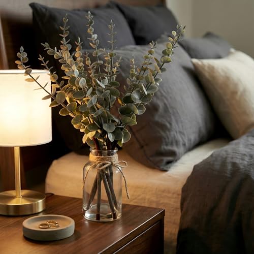 Artificial Eucalyptus Stems in Glass Vase with Faux Water, 17.5" Sage Green | Fake Plants for Home Decor, Bathroom, Coffee Table Centerpiece, Farmhouse Wedding, Faux Greenery Decorations, Office Decor