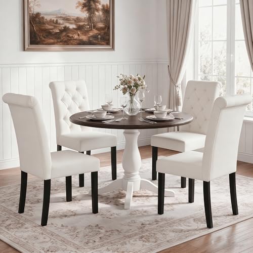 LSSBOUGHT Upholstered Dining Chairs Set of 6,Tufted Parsons Kitchen Chair with Solid Wood Legs, Modern Towel Fabric Side Chair for Dining Room/Restaurant(6pcs,Beige) - color: Beige-fabric, size: Set of 6